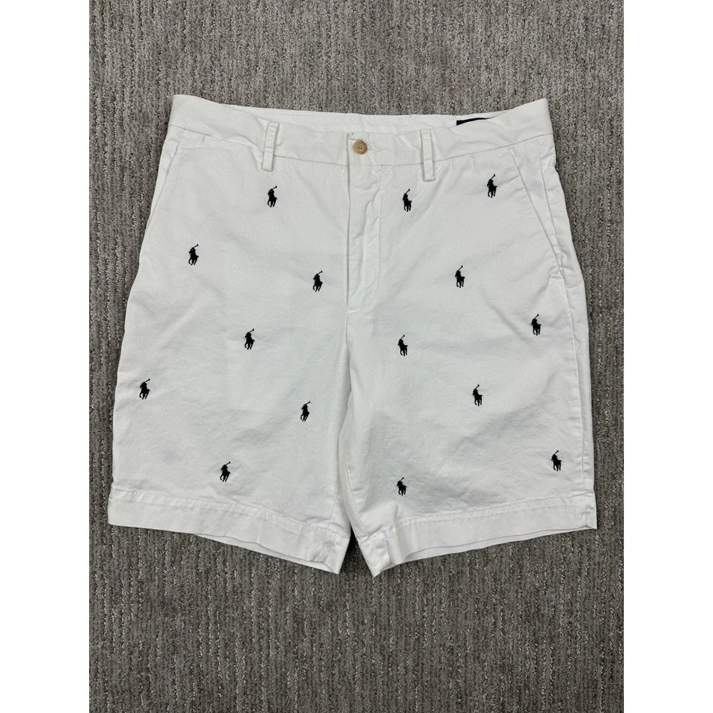 Polo Ralph Lauren Shorts Men 32 White Chino Flat Front All Over Pony Classic AOP